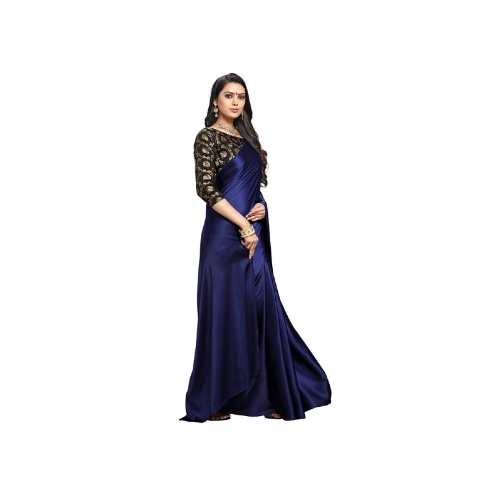 Generic Women's Satin Solid Saree With Unstitched Blouse 5.5Mtr (Navy Blue) Generic Women's Satin Solid Saree With Unstitched Blouse 5.5Mtr (Navy Blue)