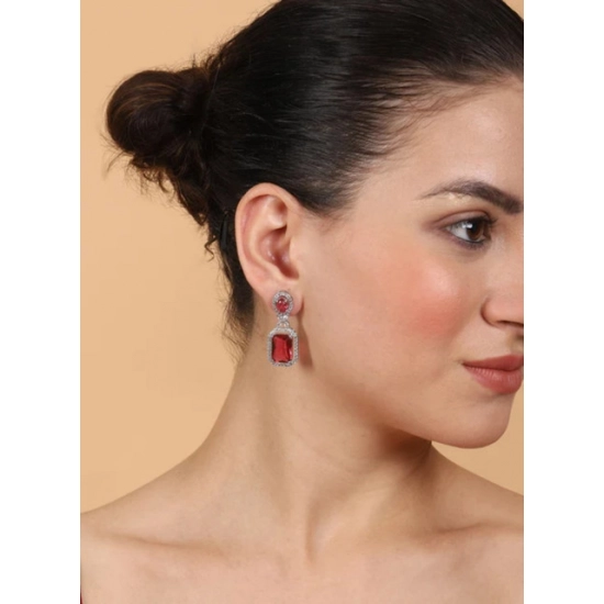 Generic Women's Brass Silver Plated Drop Earrings (Red) Generic Women's Brass Silver Plated Drop Earrings (Red)