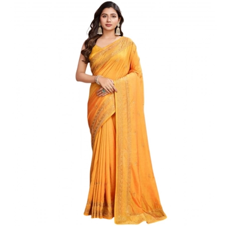 Generic Women's Vichitra Silk Embroidery Work Saree With Unstitched Blouse 5.5Mtr (Mustard)