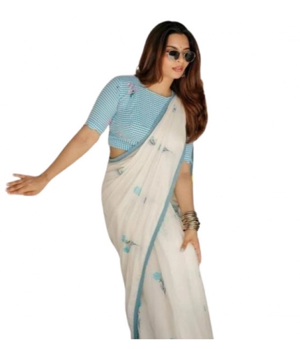 Generic Women's Linen Printed Saree With Unstitched Blouse 5.5Mtr (White)