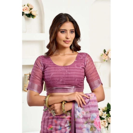 Generic Women's Linen Cotton Printed Ready To Wear Saree With Unstitched Blouse 5.5 Mtr (Light_Mauve)