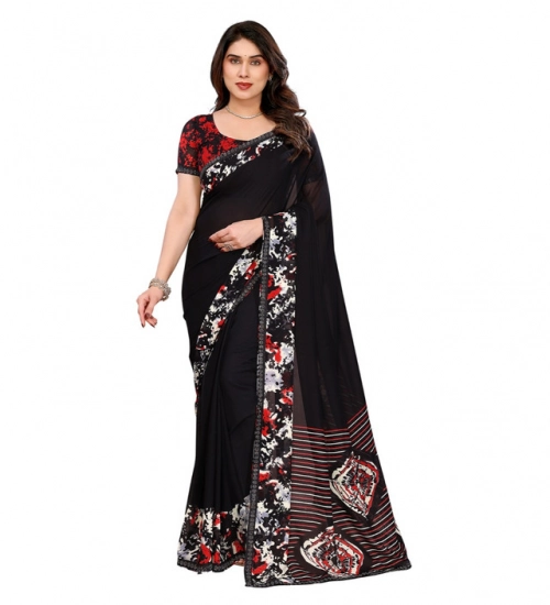 Generic Women's Georgette Printed Saree With Unstitched Blouse 5.5Mtr (Black)