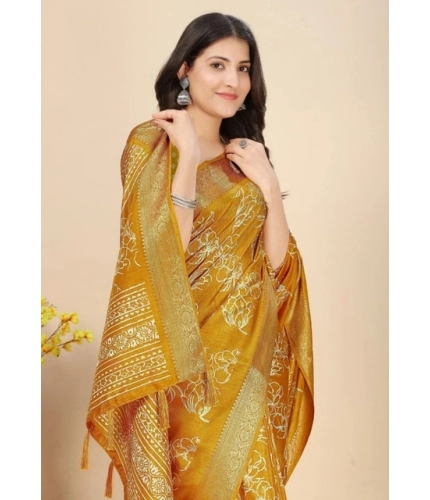 Generic Women's Cotton Silk Floral Printed Saree With Unstitched Blouse 5.5Mtr (Yellow)