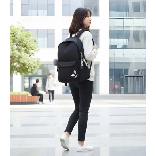 Unisex PU Leather Solid Medium Zipper Backpack (Black)