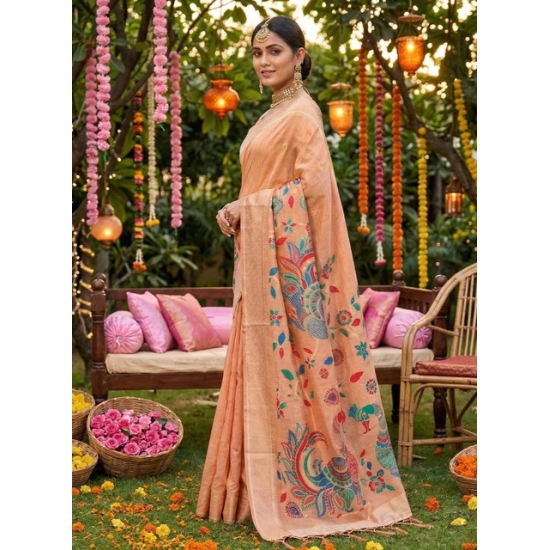 Generic Women's Linen Cotton Floral Embroidered Saree With Unstitched Blouse 5.5Mtr (Peach)