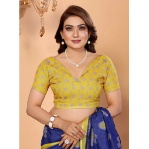 Generic Women's Linen Cotton Printed Saree With Unstitched Blouse 5.5Mtr (Blue)
