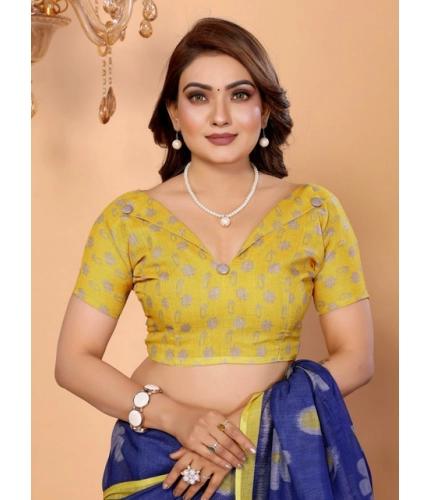 Generic Women's Linen Cotton Printed Saree With Unstitched Blouse 5.5Mtr (Blue)