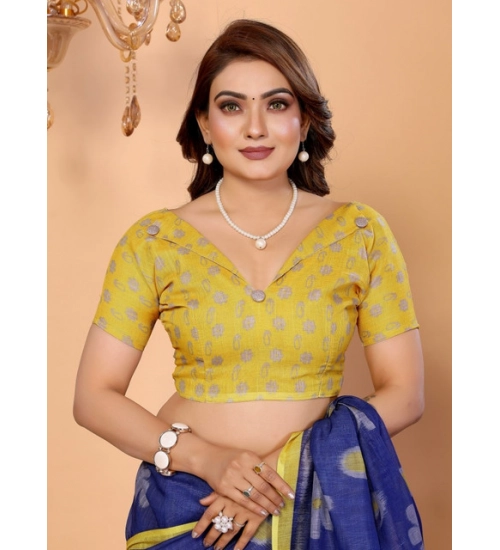Generic Women's Linen Cotton Printed Saree With Unstitched Blouse 5.5Mtr (Blue)