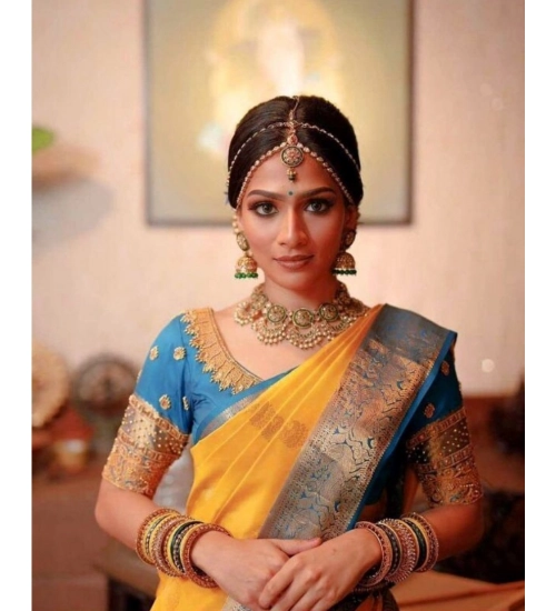 Generic Women's Soft Litchi Silk Jacquard Work Saree With Unstitched Blouse 5.5Mtr (Yellow)