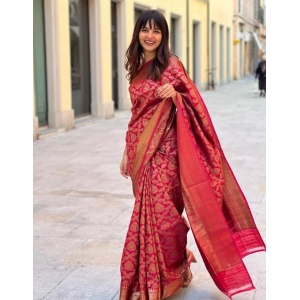 Generic Women's Litchi silk Printed Saree With Unstitched Blouse (Red)
