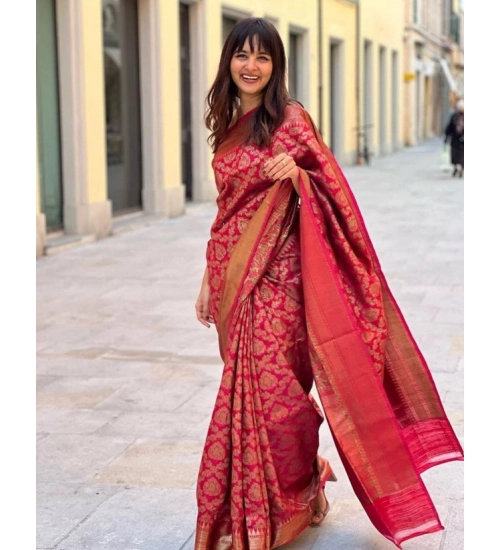 Generic Women's Litchi silk Printed Saree With Unstitched Blouse (Red)