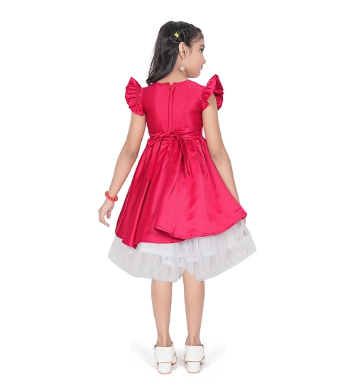 Girl's Satin Soild Short Sleeve V Neck Dress (Pink)