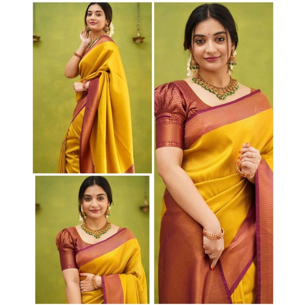 Generic Women's Soft Litchi Silk Jacquard Work Saree With Unstitched Blouse 5.5Mtr (Yellow)