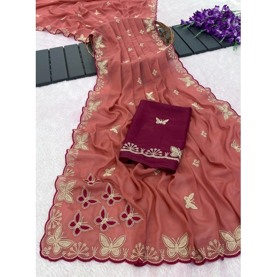 Generic Women's Star Georgette Embellished Saree With Unstitched Blouse 5.5Mtr (Dusty Coral-Maroon)