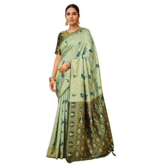 Generic Women's Silk Blend Woven Paithani Saree With Unstitched Blouse 5.5Mtr (Mahendi)