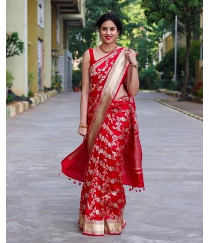 Generic Women's Soft Lichi Silk Printed Saree With Unstitched Blouse 5.5Mtr (Red)