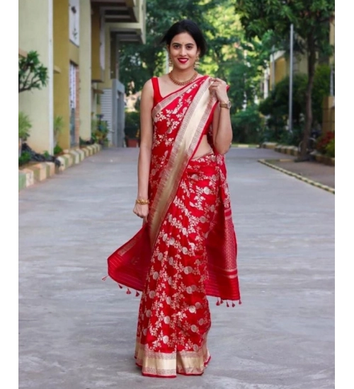 Generic Women's Soft Lichi Silk Printed Saree With Unstitched Blouse 5.5Mtr (Red)