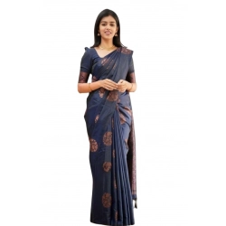 Generic Women's Soft Litchi Silk Jacquard Work Saree With Unstitched Blouse 5.5Mtr (Blue)