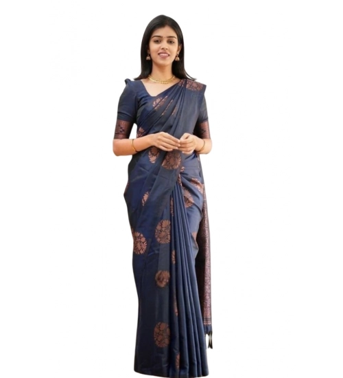 Generic Women's Soft Litchi Silk Jacquard Work Saree With Unstitched Blouse 5.5Mtr (Blue)