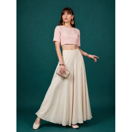 Generic Women's Georgette Solid Mid-Rise Wide Leg Flared Palazzo Pants with Elastic Waist (Cream)