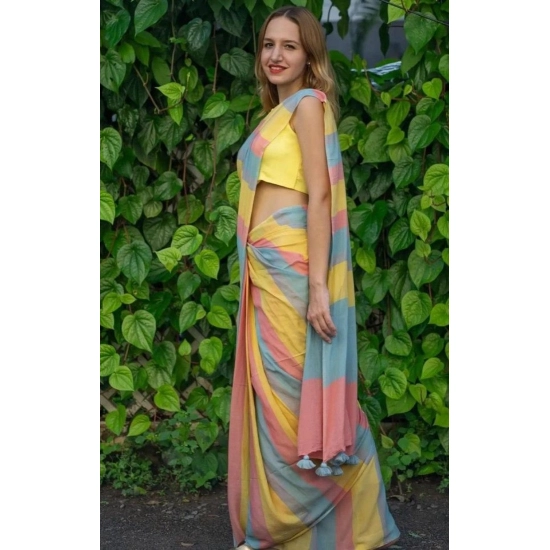 Generic Women's Linen Printed Saree With Unstitched Blouse 5.5Mtr (Multicolor)