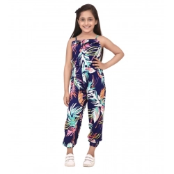 Generic Girl's Rayon Printed Sleeveless Jumpsuit (Blue-Multicolor)