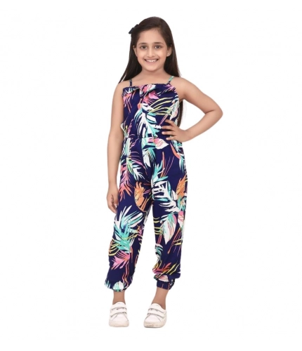 Generic Girl's Rayon Printed Sleeveless Jumpsuit (Blue-Multicolor)