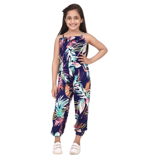 Generic Girl's Rayon Printed Sleeveless Jumpsuit (Blue-Multicolor)
