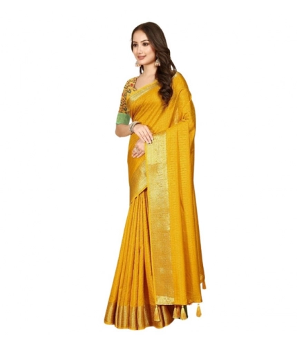 Generic Women's Cotton Blend Checkered Saree With Unstitched Blouse 5.5Mtr (Yellow)