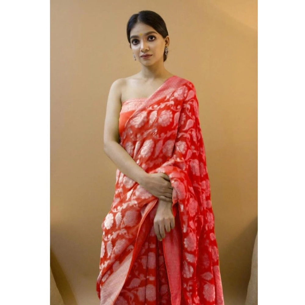 Generic Women's Soft Litchi Silk Jacquard Work Saree With Unstitched Blouse 5.5Mtr (Red)