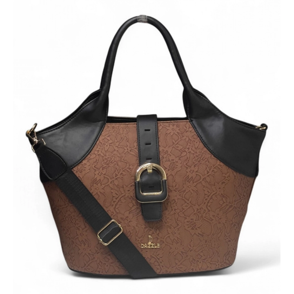 Generic Women's Polyurethane Textured Two-Tone Tote Handbag with Adjustable & Removable Strap (Brown)