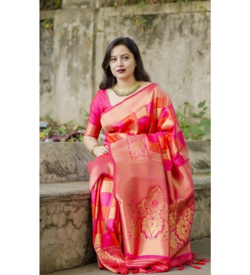 Generic Women's Soft Litchi Silk Jacquard Work Saree With Unstitched Blouse 5.5Mtr (Red)