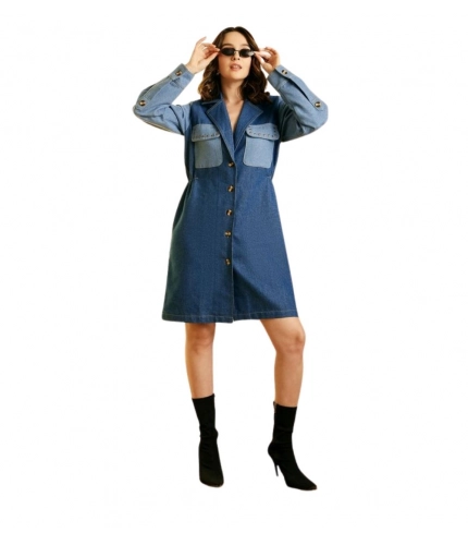 Generic Women's Denim Color Blocking Roll Up Dress (Blue)