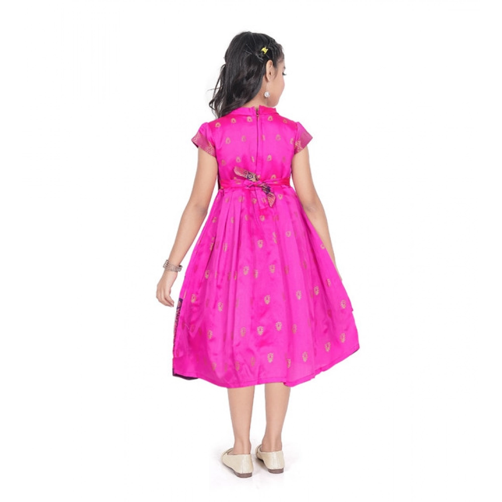 Generic Girl's Brocket Silk Printed Short Sleeve Close Neck Dress (Rani Pink)