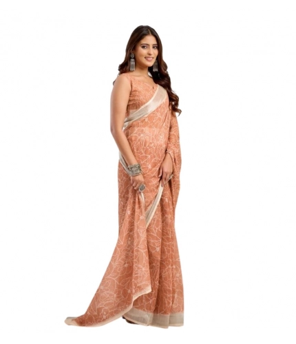 Generic Women's Faux Linen Floral Print Ready to wear Saree With Unstitched Blouse 5.5Mtr (Peach)