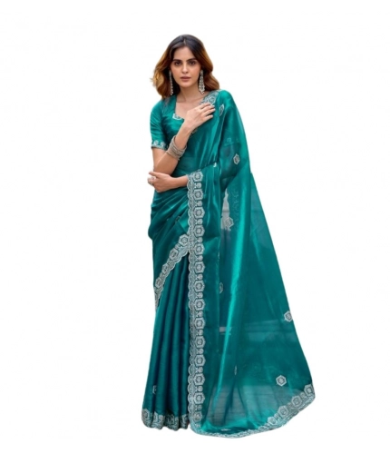 Generic Women's Faux Shimmer Geometric Ready to wear Saree With Unstitched Blouse 5.5Mtr (Teal) Generic Women's Faux Shimmer Geometric Ready to wear Saree With Unstitched Blouse 5.5Mtr (Teal)