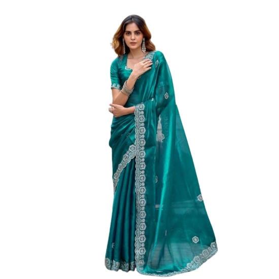 Generic Women's Faux Shimmer Geometric Ready to wear Saree With Unstitched Blouse 5.5Mtr (Teal) Generic Women's Faux Shimmer Geometric Ready to wear Saree With Unstitched Blouse 5.5Mtr (Teal)