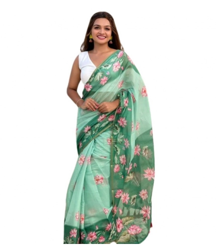 Generic Women's Linen Printed Saree With Unstitched Blouse 5.5Mtr (Green)