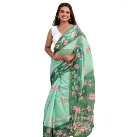 Generic Women's Linen Printed Saree With Unstitched Blouse 5.5Mtr (Green)