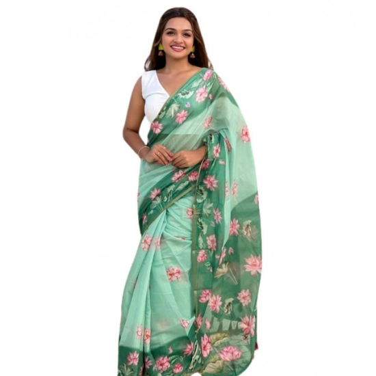 Generic Women's Linen Printed Saree With Unstitched Blouse 5.5Mtr (Green)