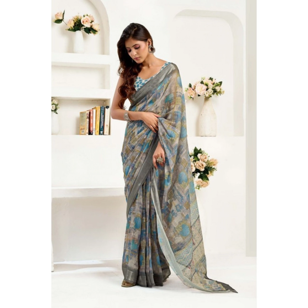 Generic Women's Linen Cotton Printed Ready To Wear Saree With Unstitched Blouse 5.5 Mtr (Grey)