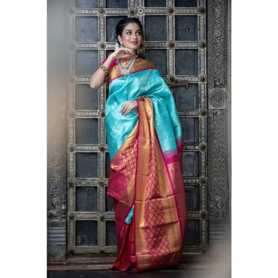 Generic Women's Soft Litchi Silk Jacquard Work Saree With Unstitched Blouse 5.5Mtr (Sky Blue) Generic Women's Soft Litchi Silk Jacquard Work Saree With Unstitched Blouse 5.5Mtr (Sky Blue)