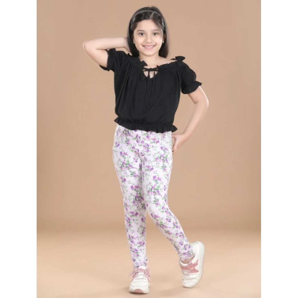 Girl's Cotton Lycra Floral Elasticated Jeggings (Lavender)