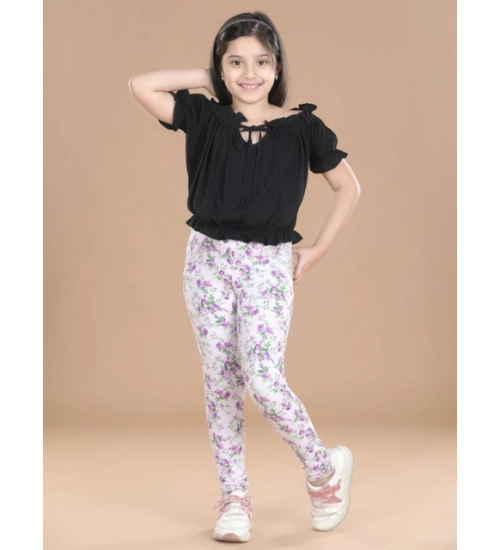 Generic Girl's Cotton Lycra Floral Elasticated Jeggings (Lavender)