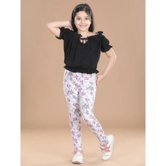 Generic Girl's Cotton Lycra Floral Elasticated Jeggings (Lavender)