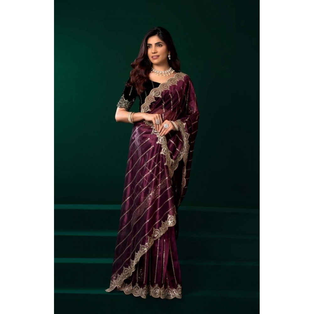 Generic Women's Net Sequence Saree With Unstitched Blouse 5.5Mtr (Maroon)