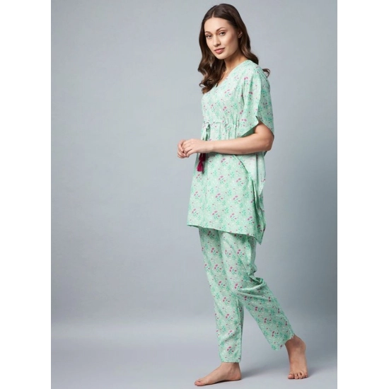 Generic Women's Rayon Floral Kaftan Sleeve Night Suit (Green - Pink) Generic Women's Rayon Floral Kaftan Sleeve Night Suit (Green - Pink)