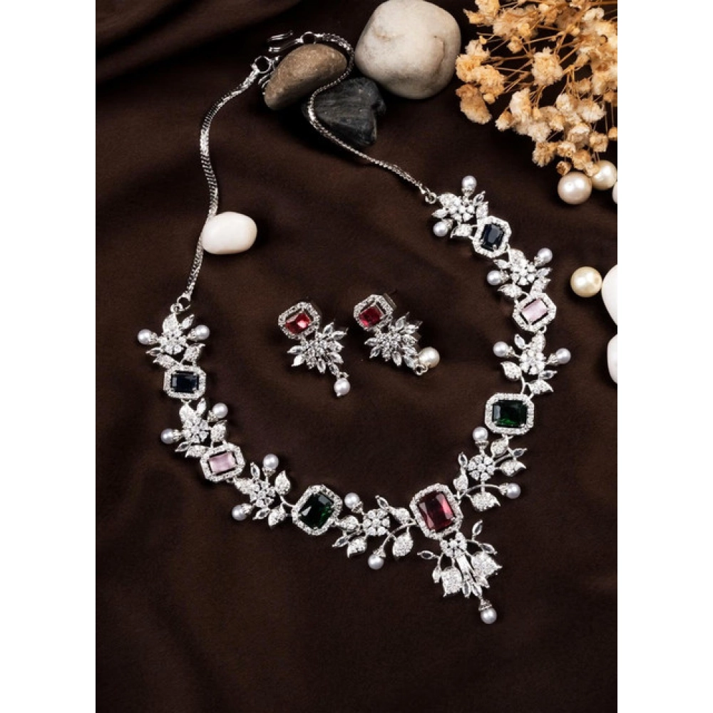 Generic Women's Brass Silver Plated Necklace set (Multicolor)