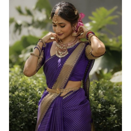 Generic Women's Banarasi Silk Printed Saree With Unstitched Blouse 5.5Mtr (Purple)