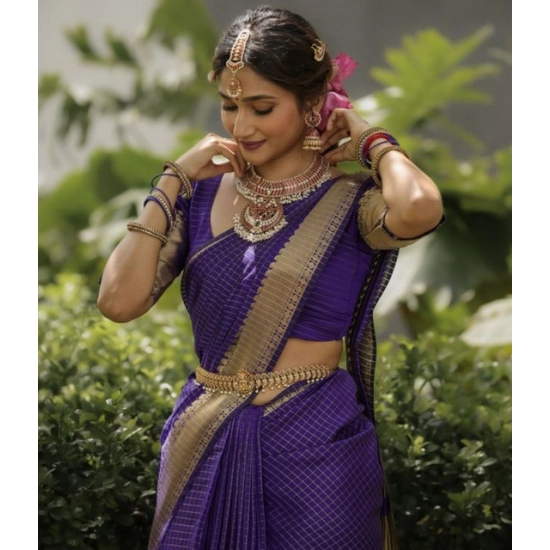 Generic Women's Banarasi Silk Printed Saree With Unstitched Blouse 5.5Mtr (Purple)